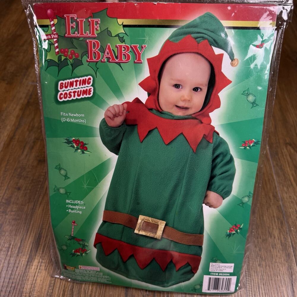 Christmas Elf Baby Bunting Costume Headpiece and Bunting Fits Newborn 0-6 Months